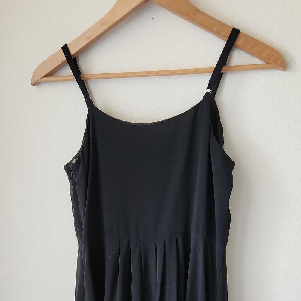 Black Slip Dress Camisole Straps High Low Hem silver tone buttons Pleated Waist - Picture 8 of 16